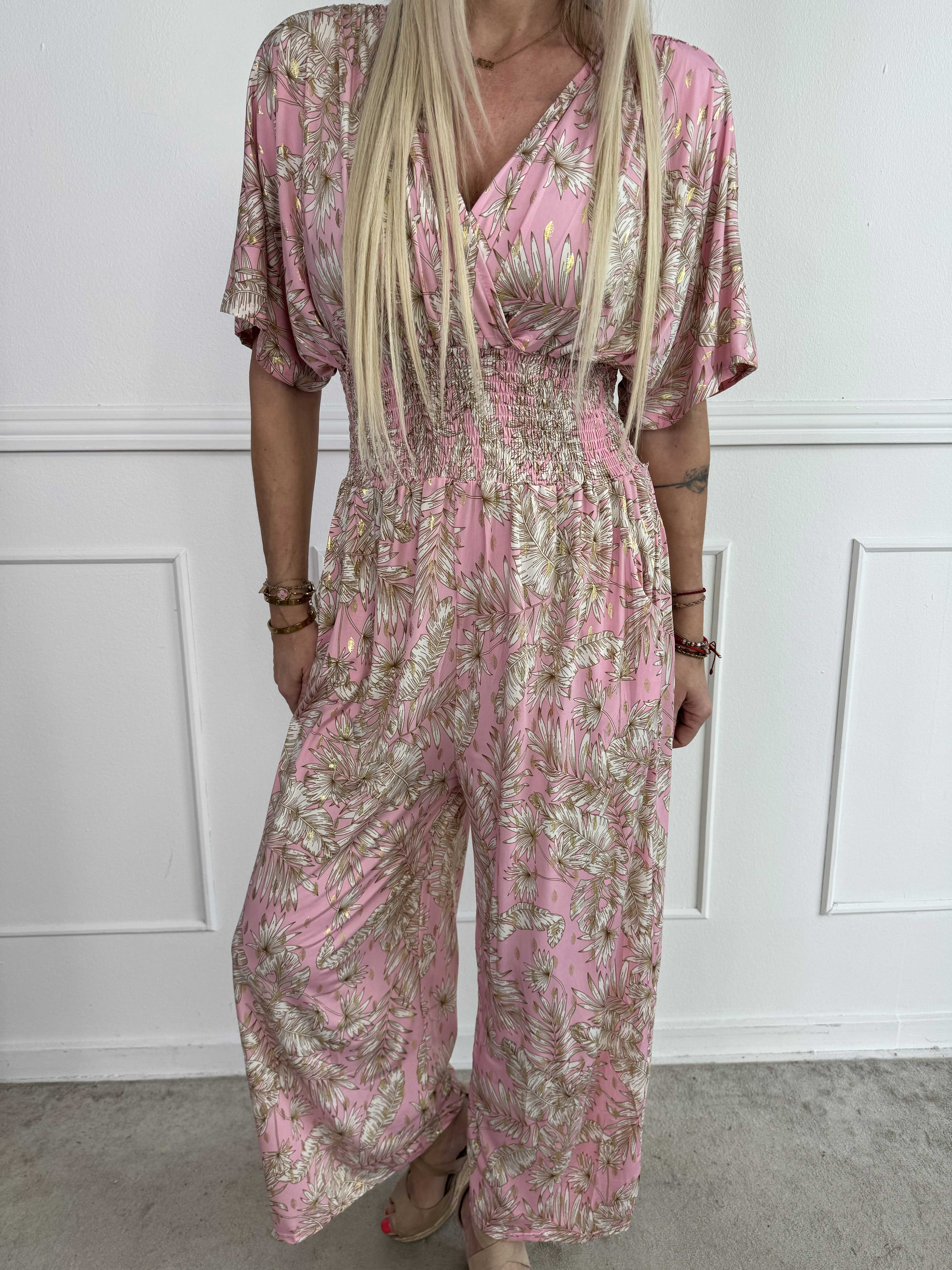 Pams Gold Leaf Jumpsuit - Elastisk buksedragt med blad mønster og guld dutter